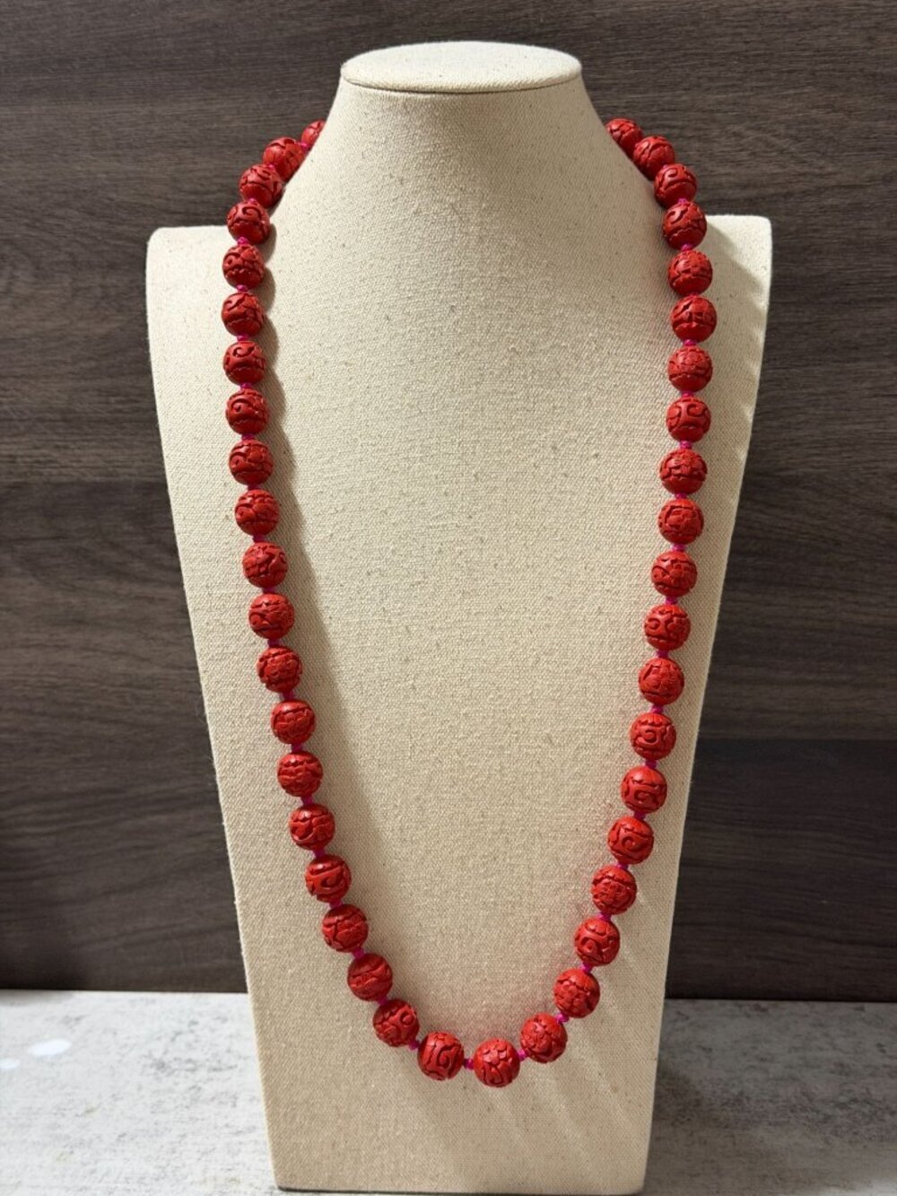 Vintage Red Cinnabar Carved Flower Bead 34" Strand Necklace 15MM Chinese Export